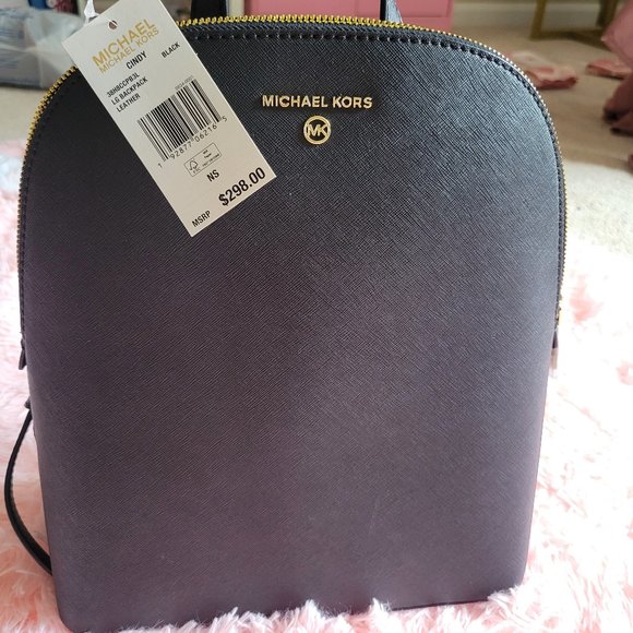 MICHAEL KORS Cindy MK Signature BLACK Large Backpack Bag Gold Logo Retails 298 Bags